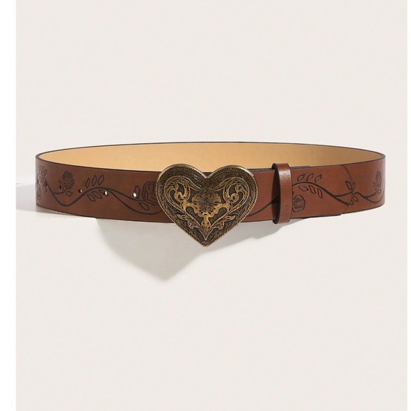 Western Vegan Leather Floral Etched Heart Buckle Belt - Picture 2 of 5
